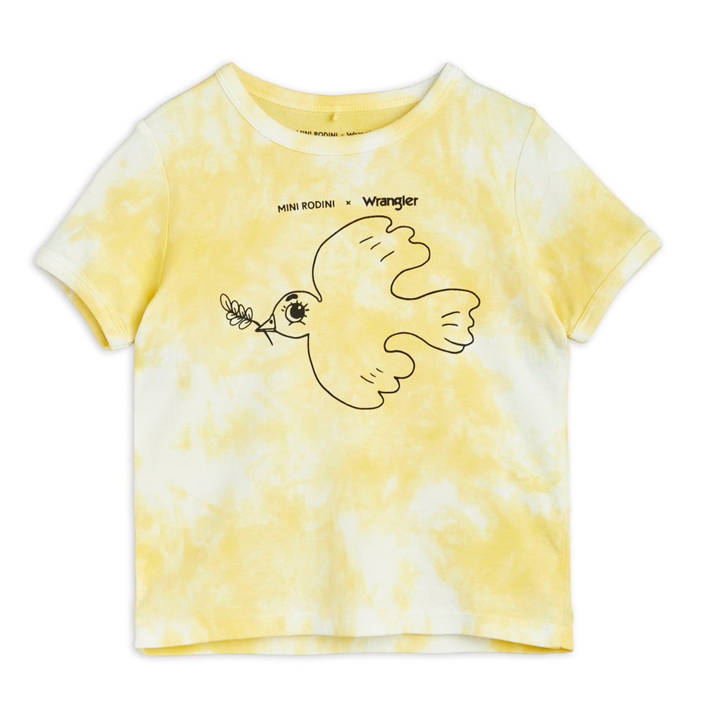
            
                Load image into Gallery viewer, Yellow Peace Dove Tie Dye Tee by Mini Rodini x Wrangler
            
        